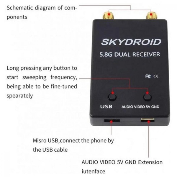 Приймач FPV радіо сигналу Skydroid 5.8G для Android Dual Black (1005005930052108DB)