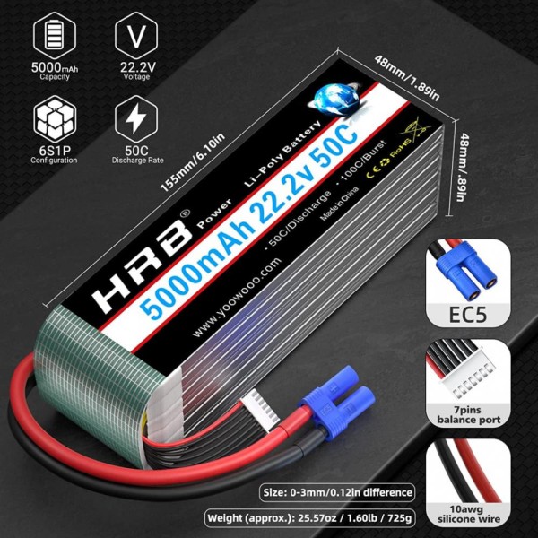 Акумулятор HRB POWER Lipo 6s 22.2V 5000mAh (HR-5000MAH-6S-50C-XT60)