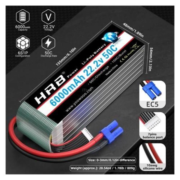 Акумулятор HRB POWER Lipo 6s 22.2V 6000mAh (HR-6000MAH-6S-50C-XT60)