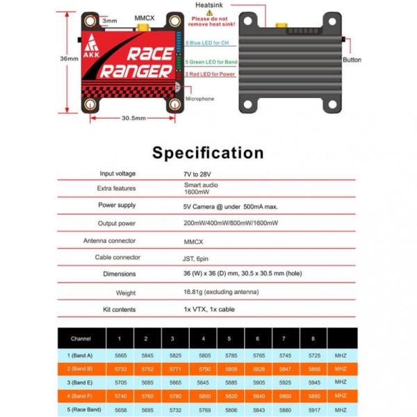 Відеопередавач AKK Race Ranger 1.6W 5.8GHz 48CH L,X Band (TX1918LX)