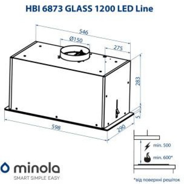 Витяжка вбудована Minola HBI 6873 BL GLASS 1200 LED LINE