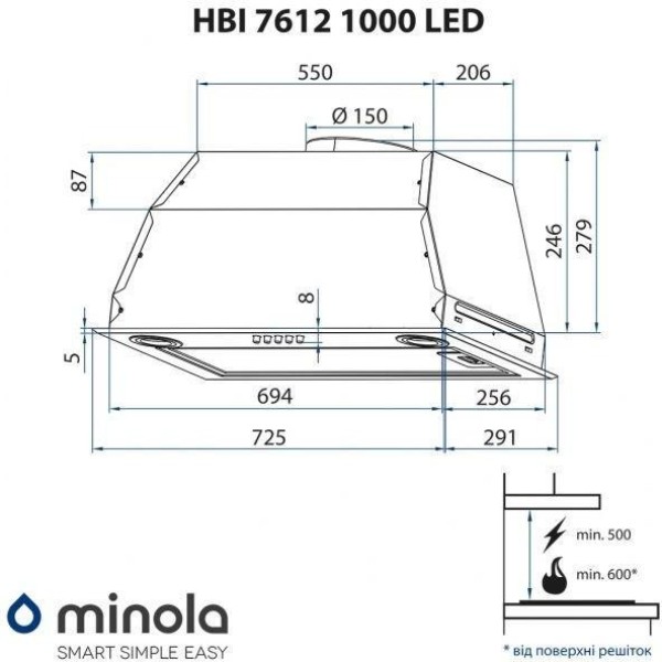 Витяжка вбудована Minola HBI 7612 BL 1000 LED