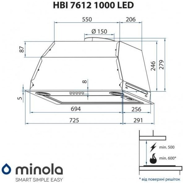 Витяжка вбудована Minola HBI 7612 WH 1000 LED