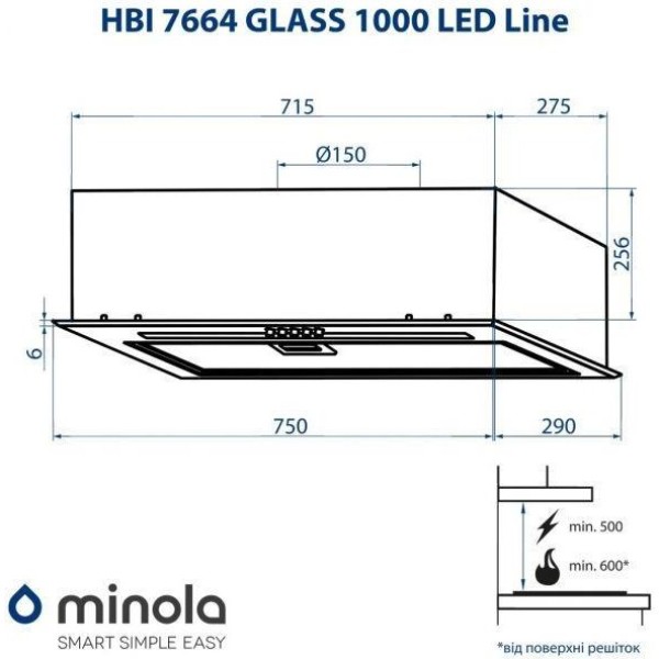 Витяжка вбудована Minola HBI 7664 WH GLASS 1000 LED Line