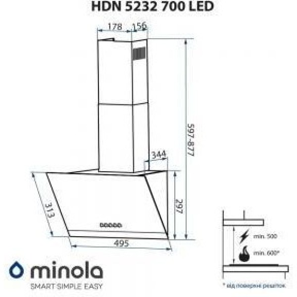 Витяжка похила Minola HDN 5232 WH/INOX 700 LED