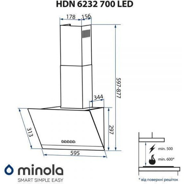 Витяжка похила Minola HDN 6232 BL/INOX 700 LED