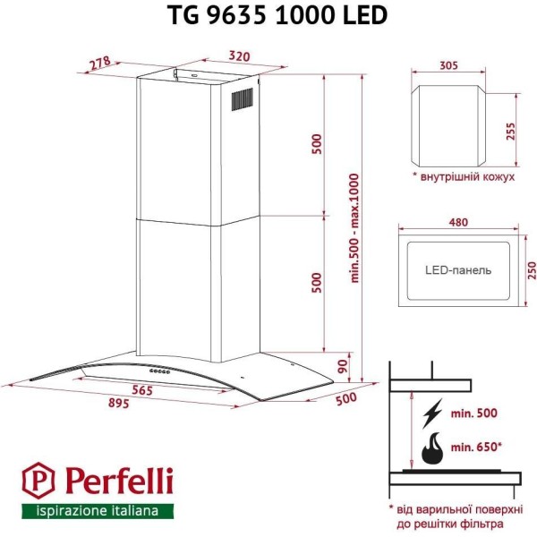 Витяжка вбудована Perfelli TG 9635 I 1000 LED
