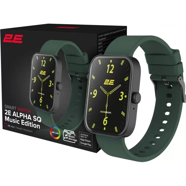 Смарт-годинник 2E Alpha SQ Music Edition 46mm Black-Green (2E-CWW40BKGN)